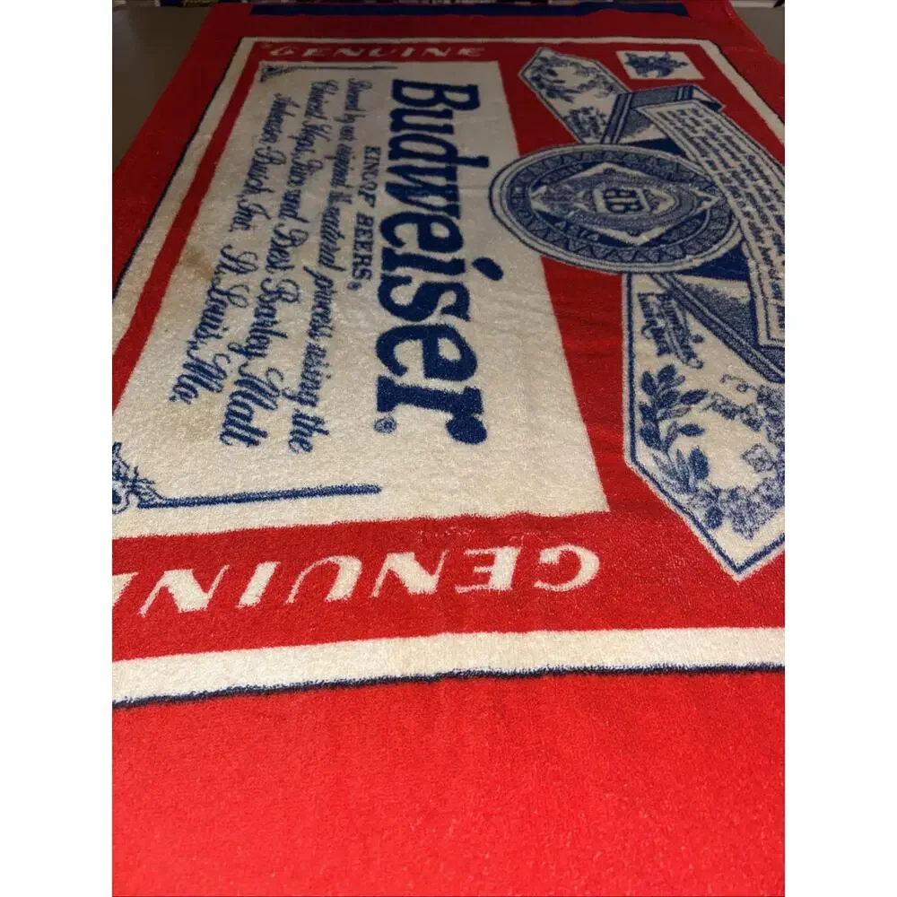 Vintage 90s Budweiser Anheuser-Busch Beach Towel Red King of Beers Label Print